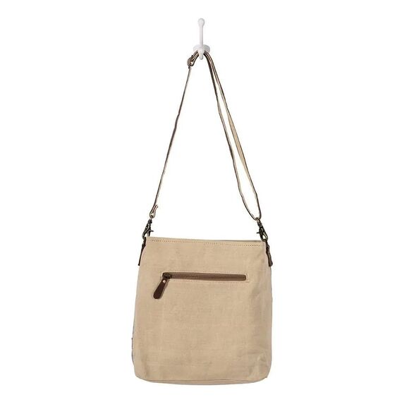 Myra Bag Handmade Blue Star Messenger Bag Upcycled Canvas & Cowhide Leather - Picture 13 of 15